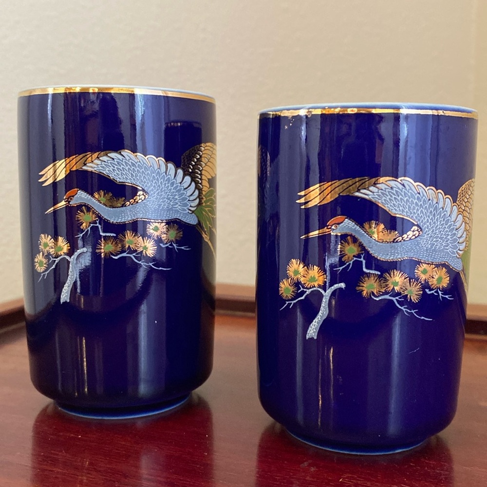 Vintage Japanese Cobalt Blue Porcelain Teacup Pair – Gold Crane & Pine Design